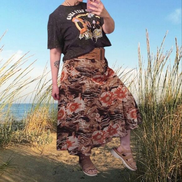 Vintage Brown Orange Metallic Floral Mesh Midi Lined Skirt *Fits Like Large - Picture 6 of 11